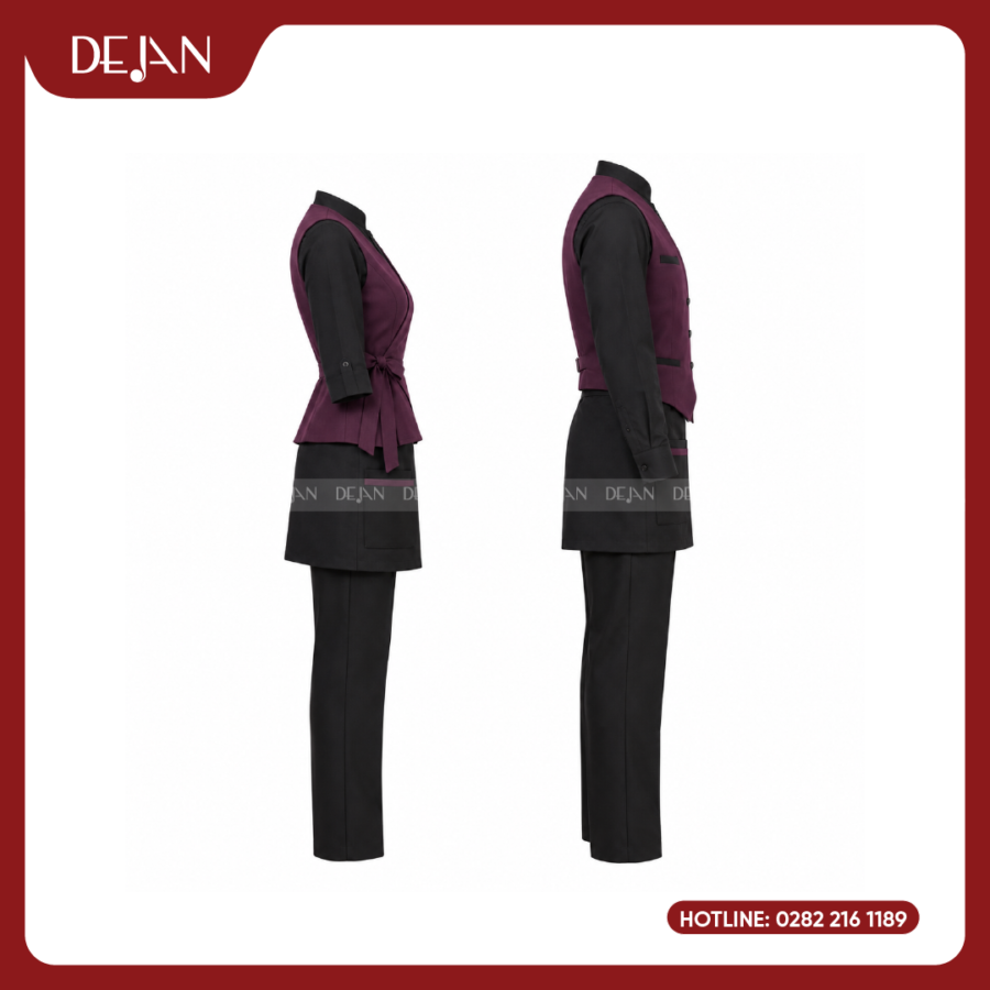 Đồng Phục Phục Vụ Nhà Hàng DJDPPVNH1009 - Gile Tím Đỏ Mận Sơ Mi Đen