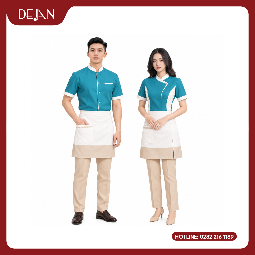 DJDPPVNH1010-dong-phuc-phuc-vu-nha-hang-01 Đồng Phục Phục Vụ Nhà Hàng DJDPPVNH1010 - Xanh Ngọc Tạp Dề Trắng Be