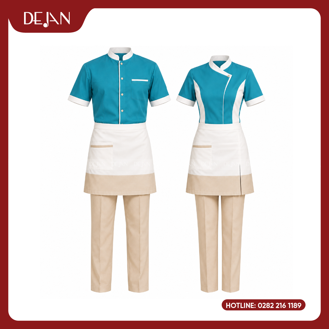 DJDPPVNH1010-dong-phuc-phuc-vu-nha-hang-02 Đồng Phục Phục Vụ Nhà Hàng DJDPPVNH1010 - Xanh Ngọc Tạp Dề Trắng Be