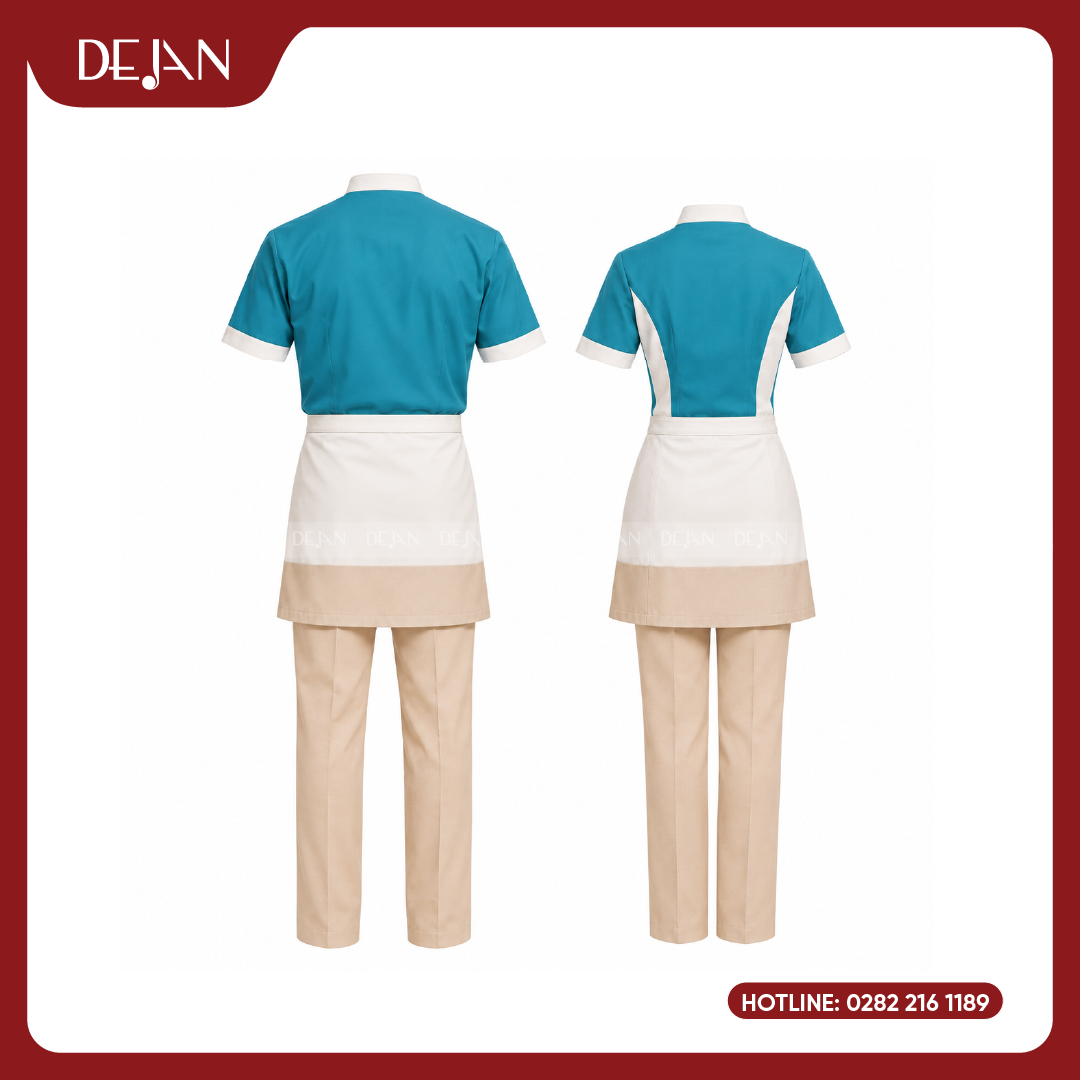 DJDPPVNH1010-dong-phuc-phuc-vu-nha-hang-03 Đồng Phục Phục Vụ Nhà Hàng DJDPPVNH1010 - Xanh Ngọc Tạp Dề Trắng Be