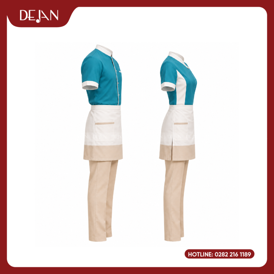 Đồng Phục Phục Vụ Nhà Hàng DJDPPVNH1010 - Xanh Ngọc Tạp Dề Trắng Be