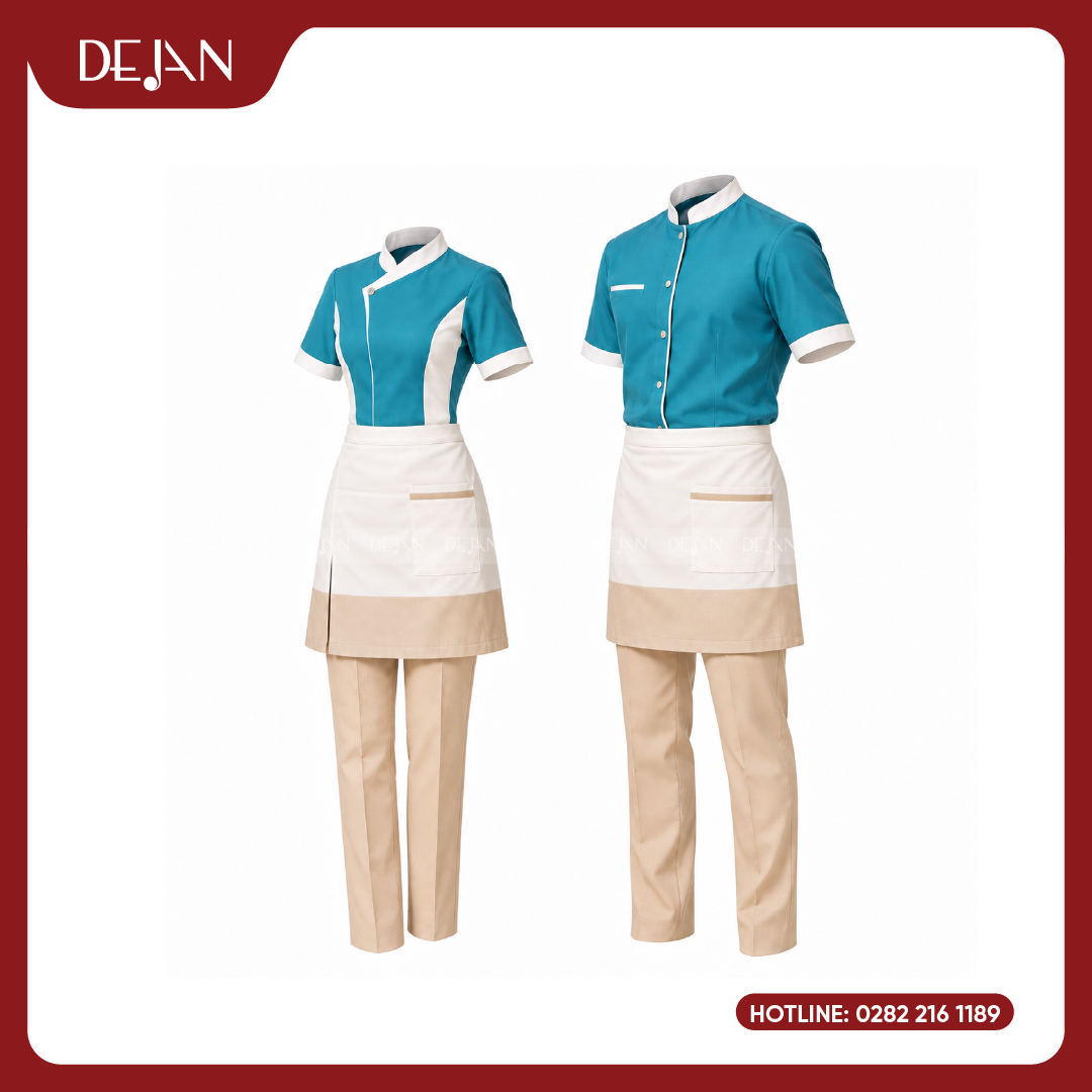 DJDPPVNH1010-dong-phuc-phuc-vu-nha-hang-05 Đồng Phục Phục Vụ Nhà Hàng DJDPPVNH1010 - Xanh Ngọc Tạp Dề Trắng Be