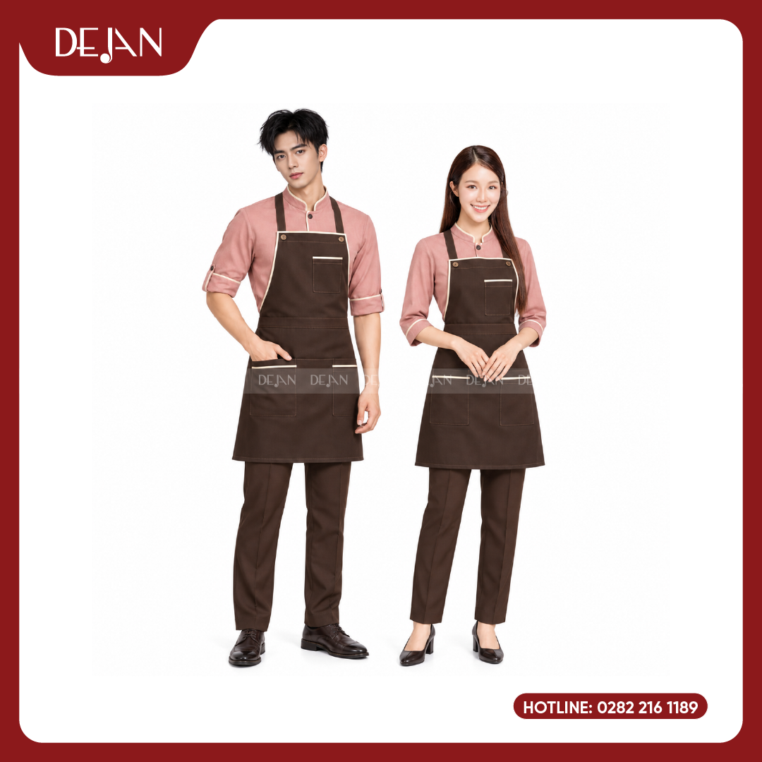 DJDPPVNH1011-dong-phuc-phuc-vu-nha-hang-01 Đồng Phục Phục Vụ Nhà Hàng DJDPPVNH1011 - Áo Hồng Đất Tạp Dề Yếm Nâu