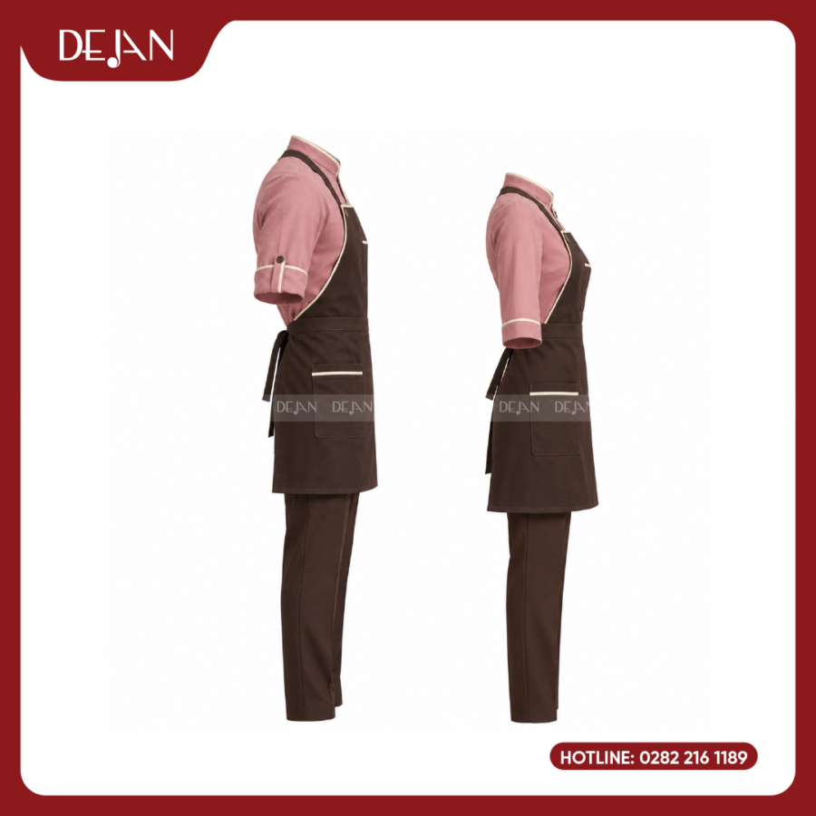 Đồng Phục Phục Vụ Nhà Hàng DJDPPVNH1011 - Áo Hồng Đất Tạp Dề Yếm Nâu