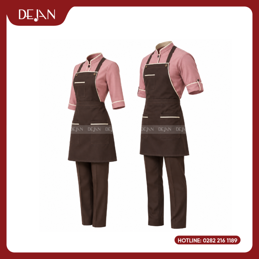 Đồng Phục Phục Vụ Nhà Hàng DJDPPVNH1011 - Áo Hồng Đất Tạp Dề Yếm Nâu